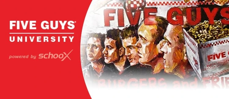 Five Guys University logo with a red background and a painting of men in profile.