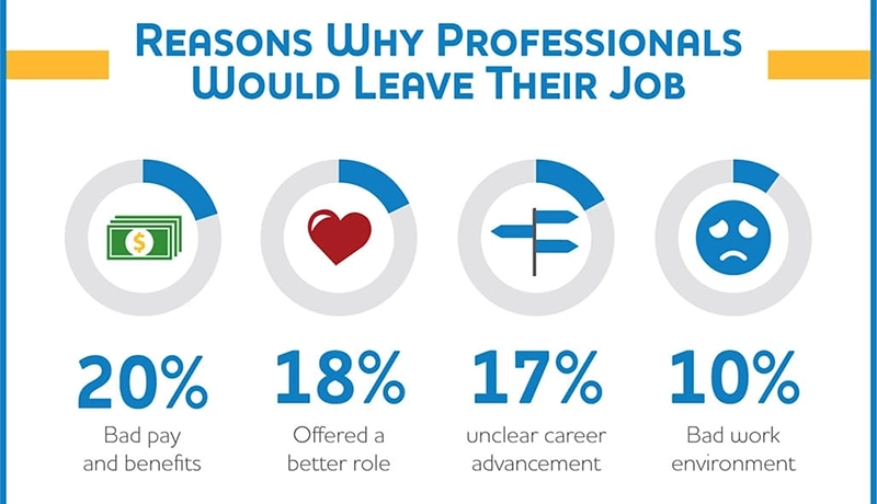 Infographic showing reasons professionals leave jobs: 20% bad pay, 18% better role, 17% unclear advancement, 10% bad environment.