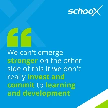 Text on a blue background: "We can't emerge stronger... commit to learning and development"