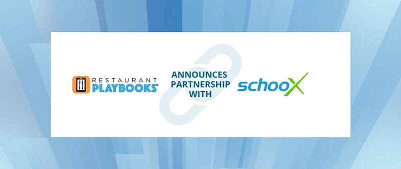 Logo for Restaurant Playbooks announcing partnership with schooX on a blue background.