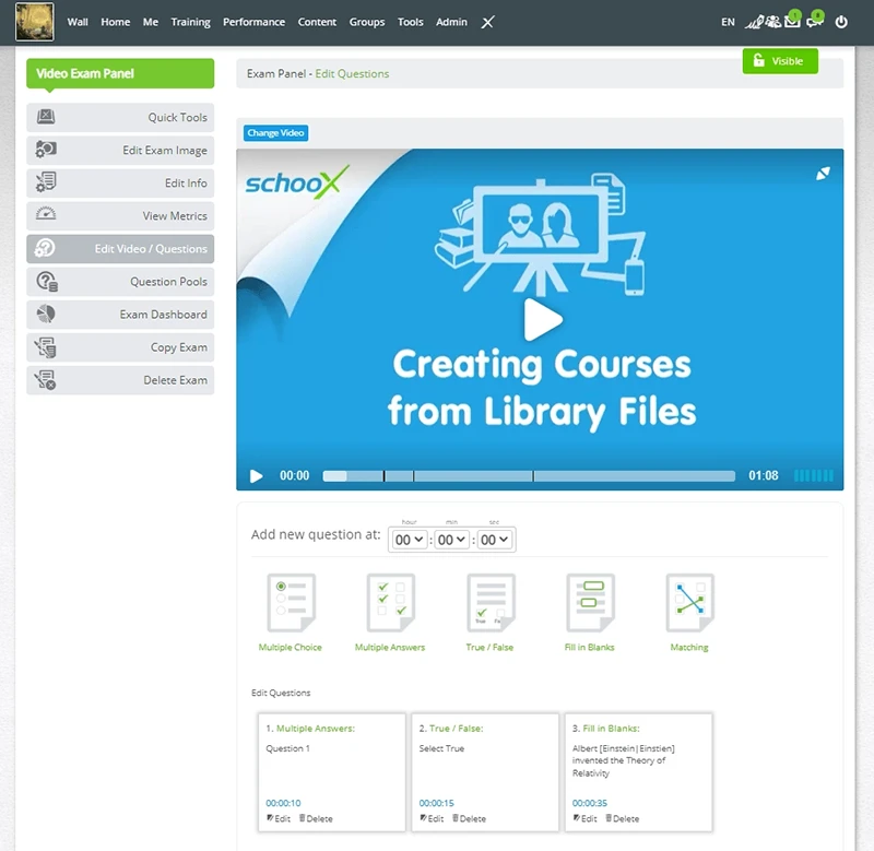 Video exam panel showing a tutorial on creating courses from library files with question options.