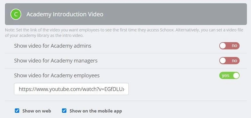 Settings for Academy introduction video with options for admins, managers, and employees.