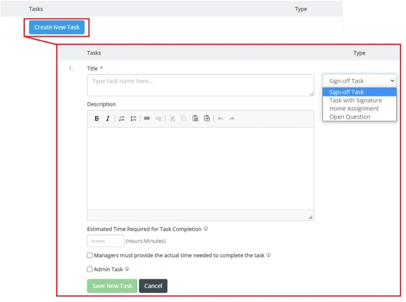 Task creation interface showing fields for title, description, type, and completion time.