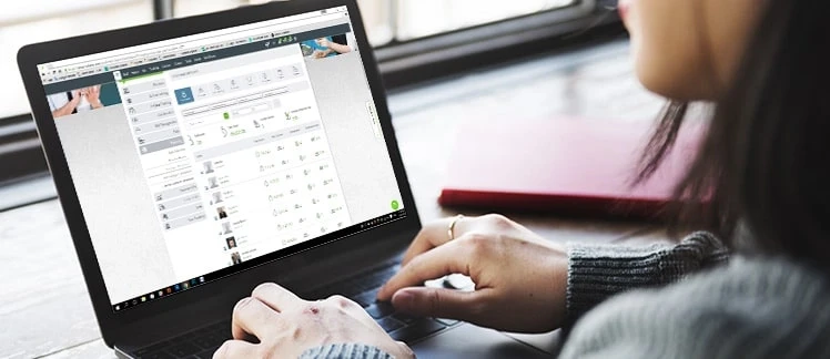 A person browsing a laptop showing a software interface with data entries and green check marks.