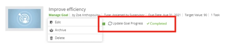 Goal management section showing 'Improve efficiency' with completed progress update.
