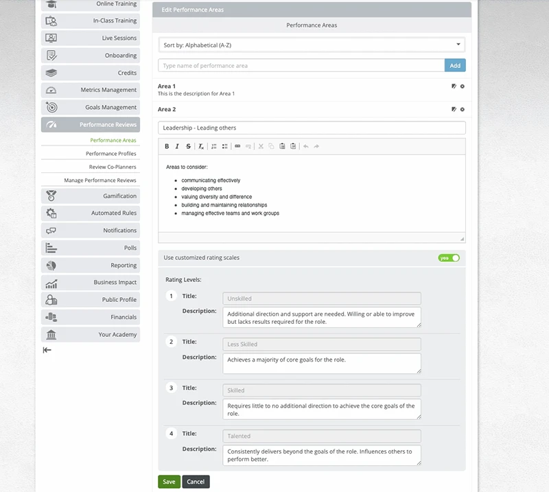 A screenshot showing a performance review management tool with sections for areas, descriptions, and rating scales.