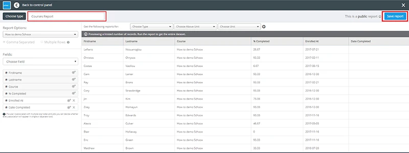 A course report interface showing student names, courses, and completion details.