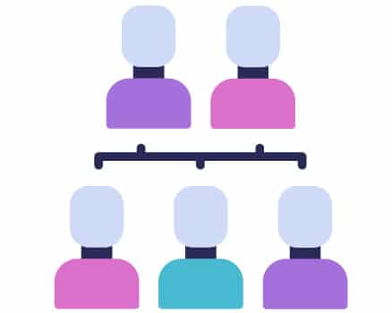 Icon featuring two people on top of an org chart line and three people below