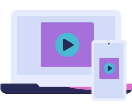 pictogram of a laptop and mobile phone with play buttons on the screens