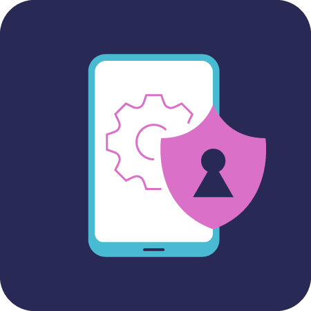 icon of a phone with a security badge on top of it on a dark purple background
