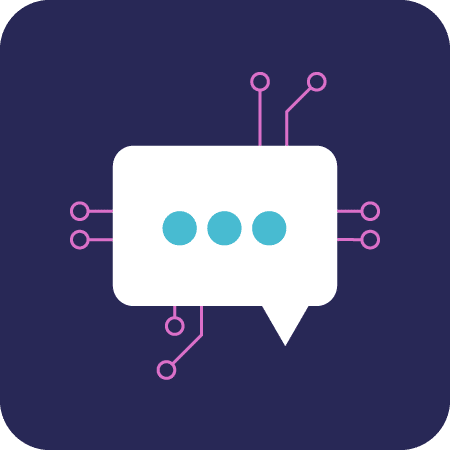 Icon of a speech bubble with nodes coming out of it on a dark purple background