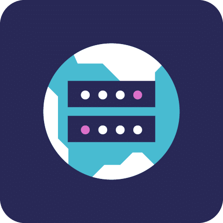 Icon of globe and data centers on a dark purple background