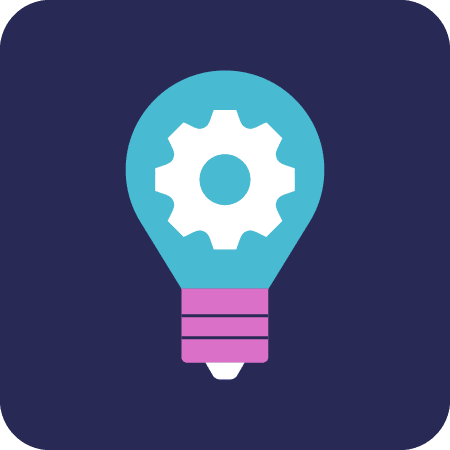 Icon of a lightbulb with a gear icon in the middle on a dark purple background