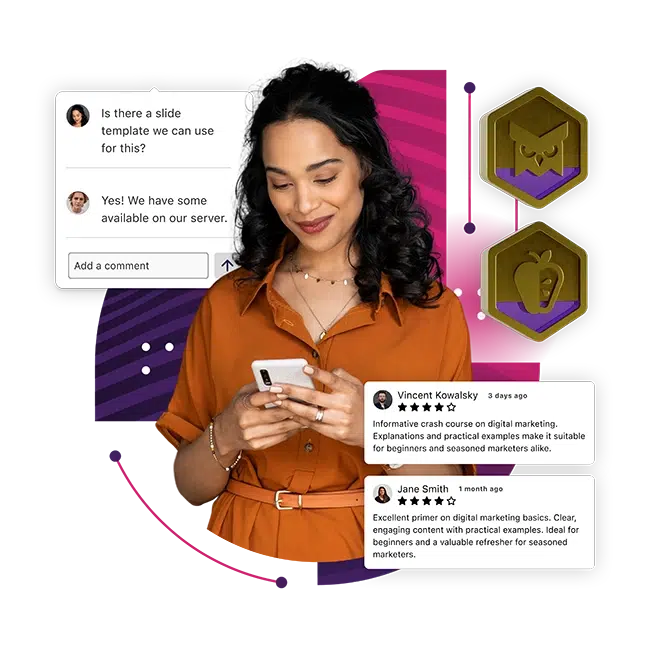 woman on a pink and purple shaped background with two gold badges and LMS engagement widgets around her