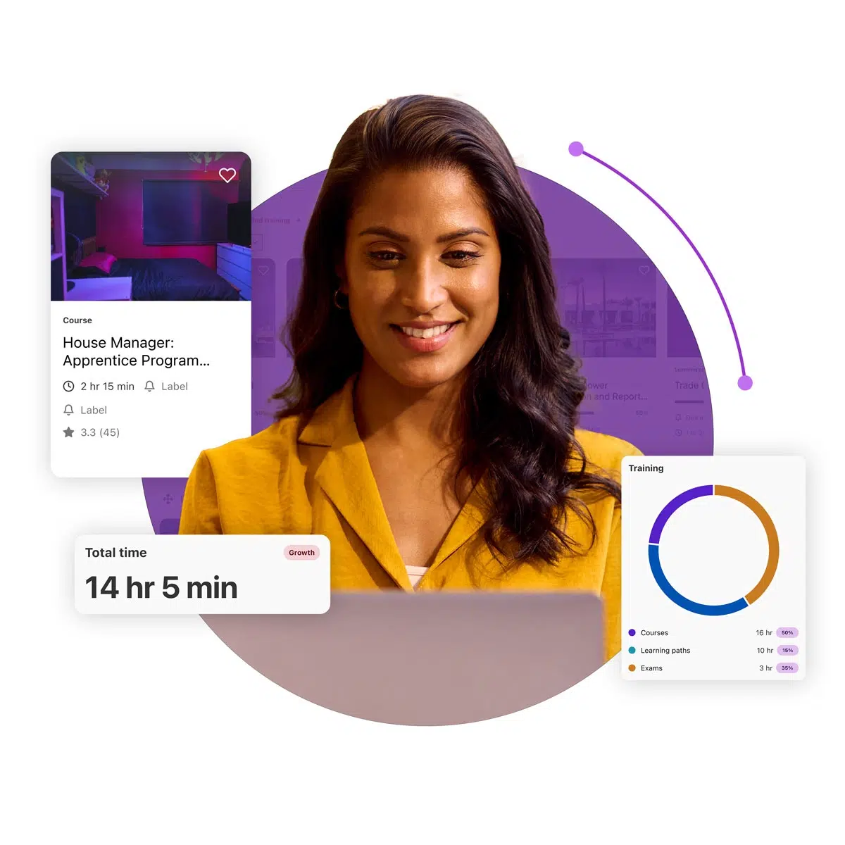Woman in front of a purple shape with small product widgets around her