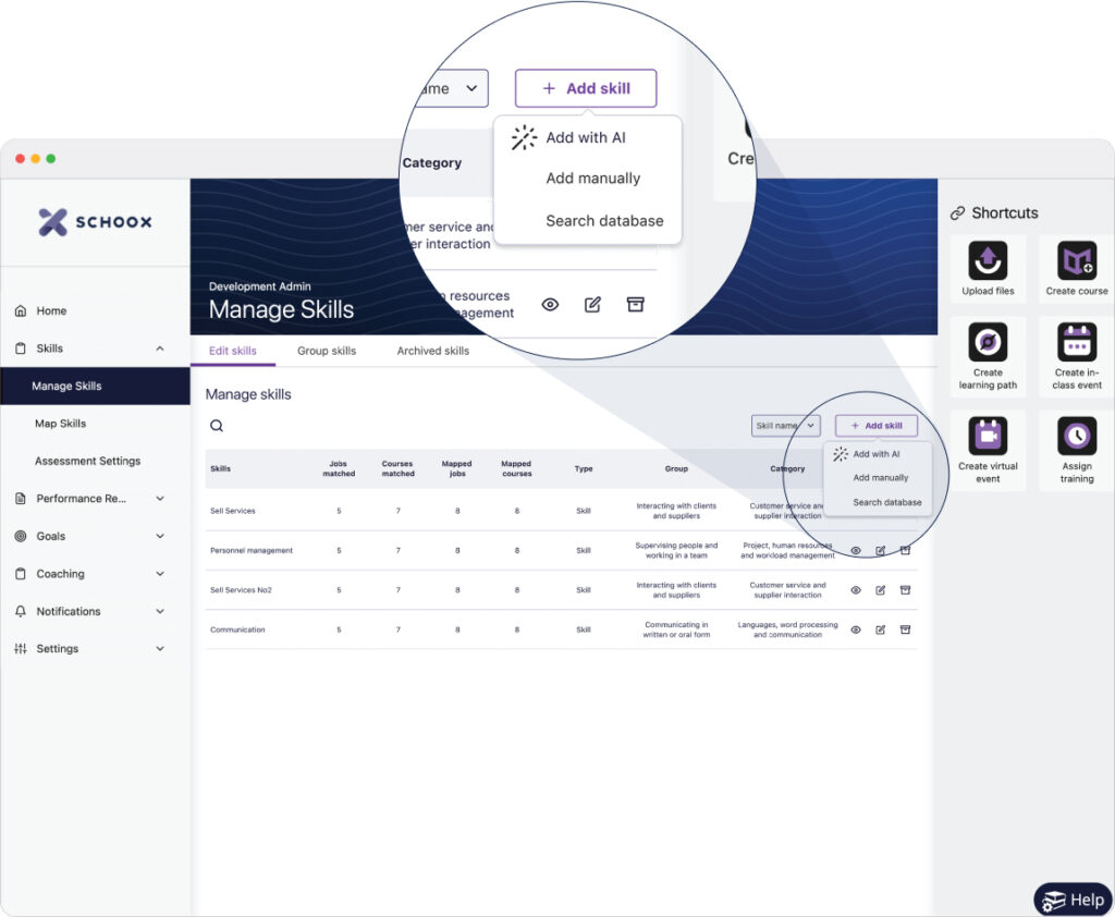 Screenshot of the “Add with AI” button on the Manage Skills page in the new Schoox user experience