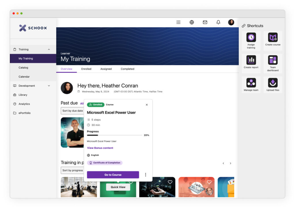 Screenshot of the learner landing page in the new Schoox user experience