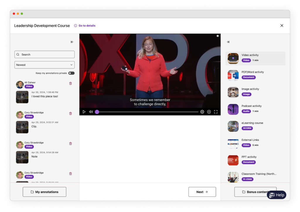 Screenshot of the immersive course experience in the new Schoox user experience
