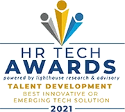 HR Tech Awards logo featuring three stylized figures in blue, yellow, and teal. Awards for talent development, 2021.