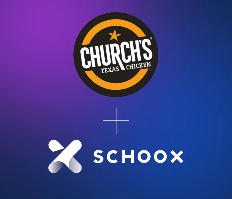 Logos of Church's Texas Chicken and Schoox with a gradient background.