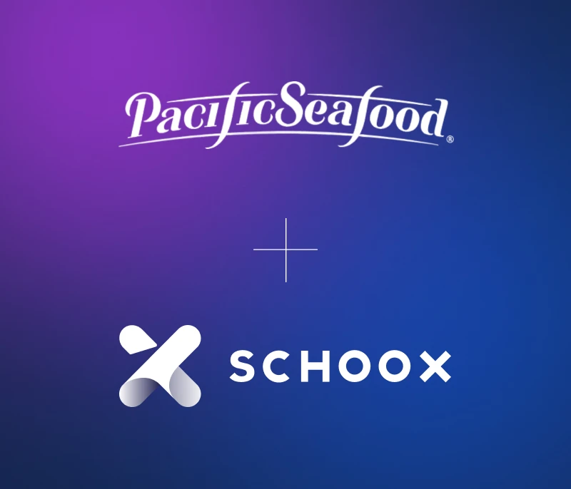 Pacific Seafood logo above the Schoox logo on a gradient background.