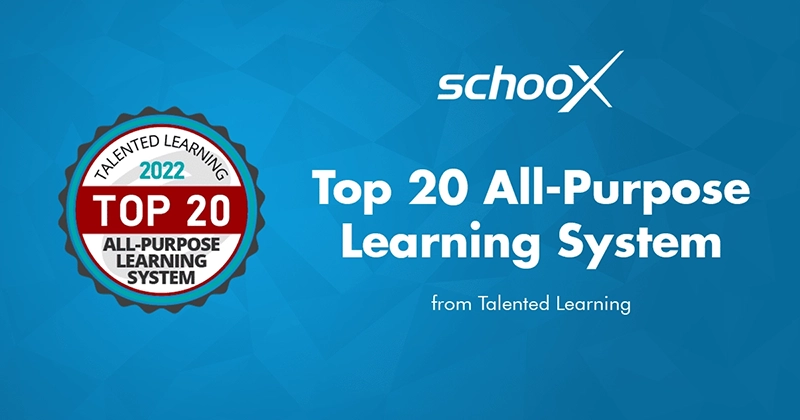 Schoox logo with a badge stating Top 20 All-Purpose Learning System 2022 from Talented Learning.