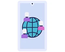 A smartphone displaying a globe with four user icons connecting around it.