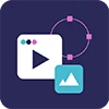 Icons for video play button and image file with geometric design elements.