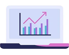 A laptop showing a colorful graph with rising bars and a line trend arrow.
