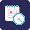 A calendar with a grid and a stopwatch beside it on a dark blue background.