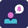 A simple icon showing a person with a pink head and turquoise body, next to a speech bubble with a bell icon.