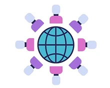 A blue globe surrounded by eight abstract figures in different colors.