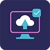 A computer screen with an upward arrow and a cloud, showing a successful upload.