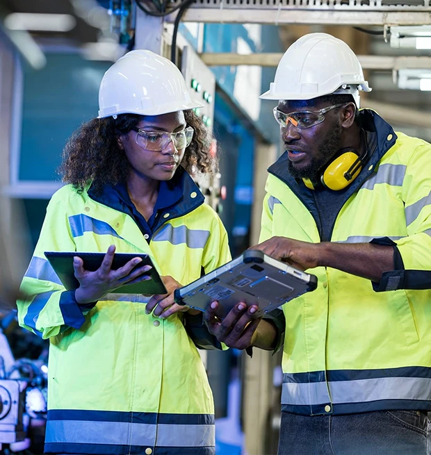 Two workers in safety gear discussing a tablet in a factory setting.