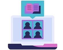 A computer showing four user icons and a book icon above, indicating online learning.