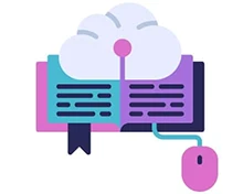 A digital book icon with a cloud above it and a computer mouse connected.
