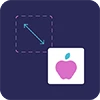 Purple apple icon next to a dashed square with an arrow showing distance.