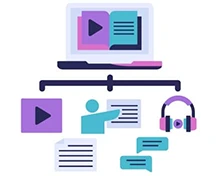 A laptop with a play button, text, an audio headset, and documents showing multimedia learning.