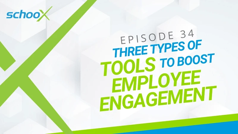 Episode 34 title graphic featuring tools to boost employee engagement with bright green and blue design.