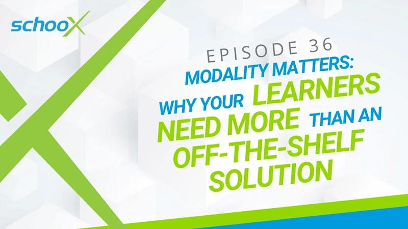 Episode 36 title graphic on modality and learning solutions.