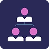 Three stylized people icons arranged in a pyramid with connections between them.