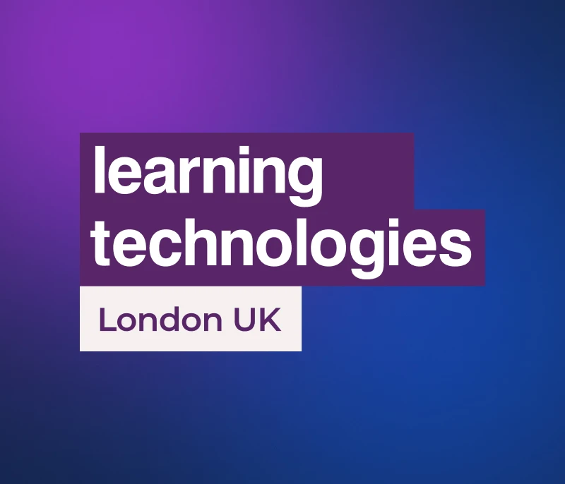 Text promoting learning technologies event in London, UK, with a purple background.