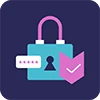 A teal padlock with a password box and a check mark in a purple triangle on a dark background.