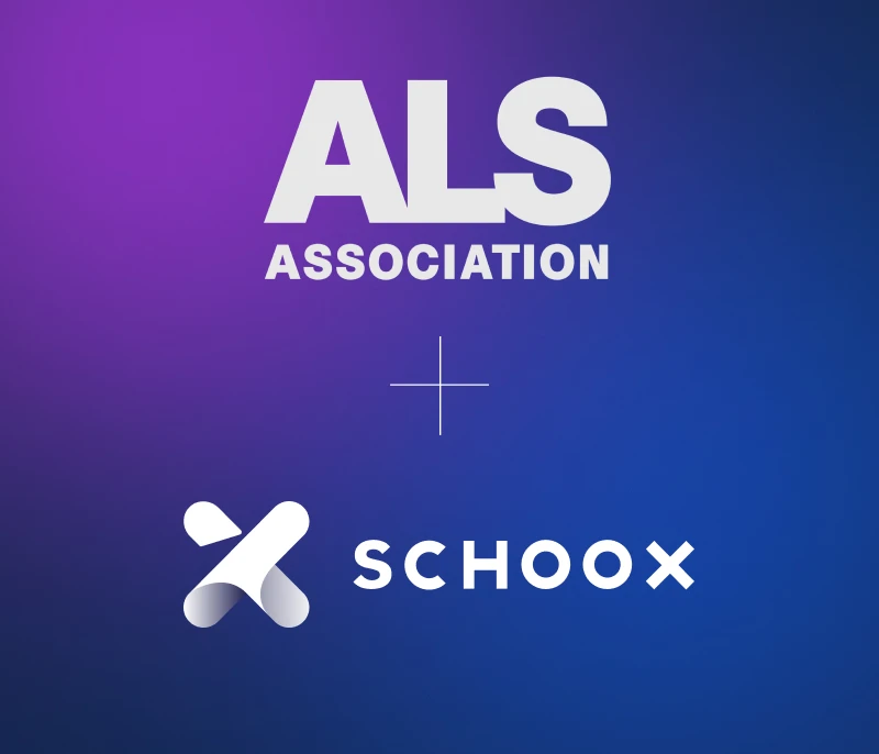 Logos for ALS Association and Schoox on a blue and purple gradient background.