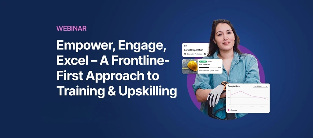 A woman with long hair in a blue shirt poses in front of a dark background, promoting a webinar about training.