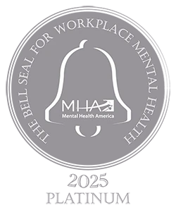 A logo featuring a bell, symbolizing the Bell Seal for Workplace Mental Health, by Mental Health America.