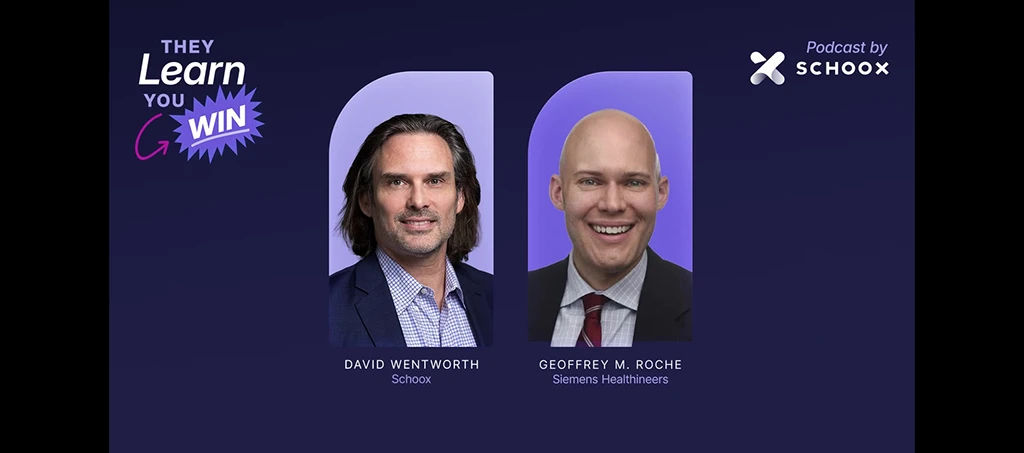 Podcast graphic featuring two speakers with names: David Wentworth from Schoox and Geoffrey M. Roche from Siemens Healthineers.