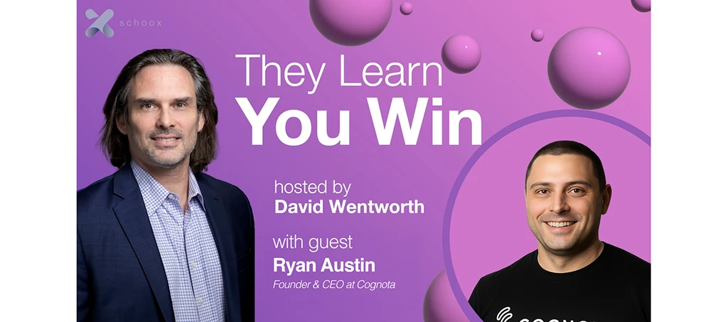 Two men on a purple background with bubbles, promoting a podcast episode. Text reads 'They Learn You Win'.
