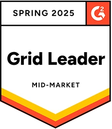 G2 Spring 2025 badge showing 'Grid Leader' for Mid-Market category.