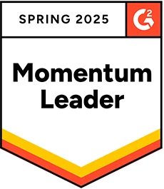 G2 Momentum Leader badge for Spring 2025 with a red, yellow, and black design.
